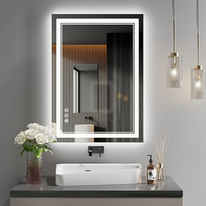 20x28 inch LED Mirror for Bathroom | Front and Backlit, 3 Colors, Dimmable, Memory, Anti Fog, Shatterproof, Horizontal/Vertical, Lighted Mirrors for Bathroom Wall