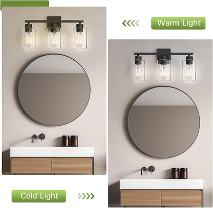 Matte Black Bathroom Vanity Light, 3-Light Vanity Lighting fixtures Over Mirror, Round Design & UL Certification, Wall Sconces with Clear Glass Shades, E26 Socket (Bulbs Not Included)