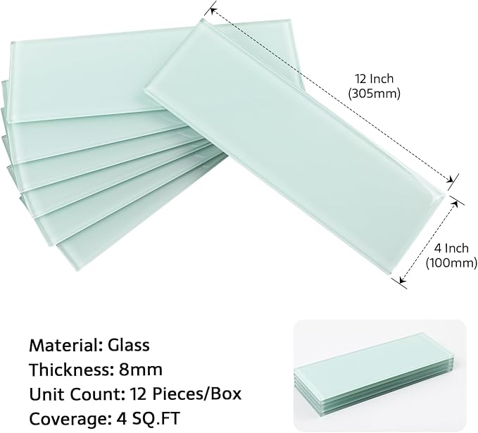 Glass Tiles for Backsplash, Glass Subway Tile 4x12 Inch for Kitchen Bathroom Shower Wall Ice Age (12 Pcs, 4 sq.ft)