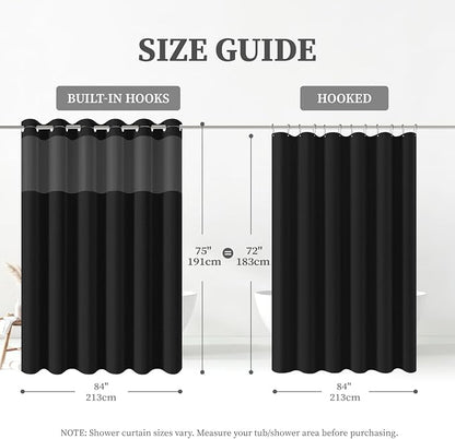 84x75 Ringless Linen Textured Shower Curtain with Snap in Liner, Black | Extra Wide Size, 3 in 1 Durable Fabric Shower Curtain, Removable Liner, Waterproof & Washable, Mesh Top Window, Easy Setup