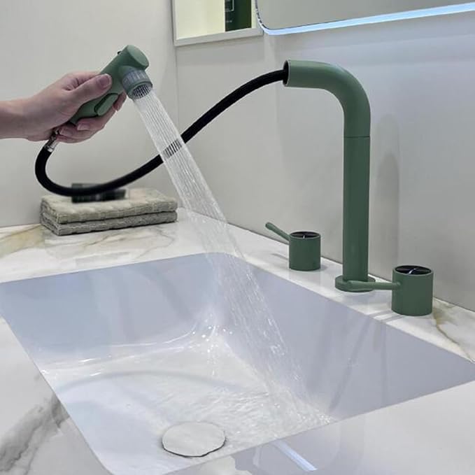 3 Hole Basin Faucets Pull Out Basin Mixer Faucet Brass-Green