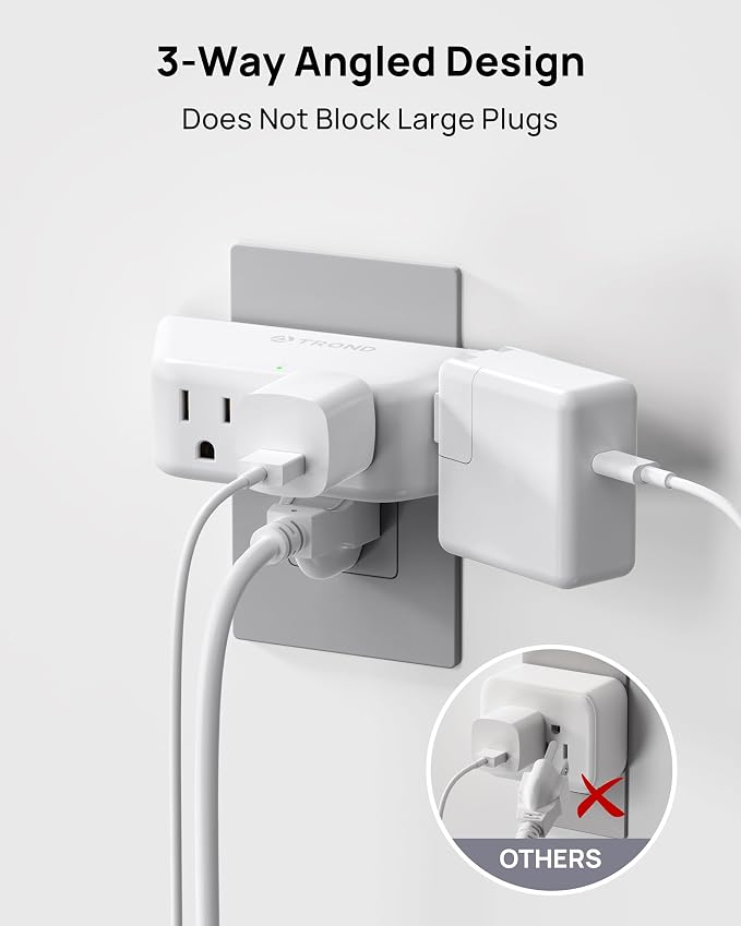 TROND Wall Outlet Extender 3 Pack, Surge Protector Outlet, White | 4 Grounded Sockets, 3 Way Angled Plug Adapter, Space-Saving, 900J, Multiple Wall Splitter for Home Office Dorm Room