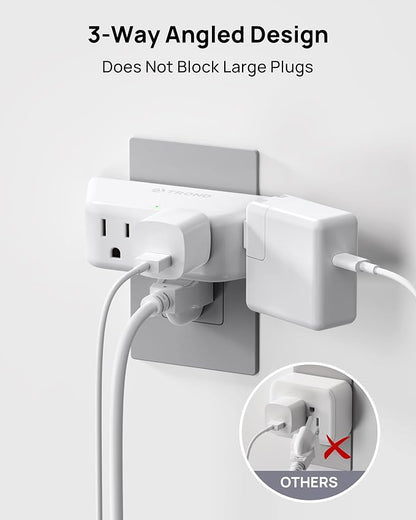 TROND Multi Plug Outlet Extender 2 Pack, Surge Protector Outlet, White | 4 Grounded Sockets, 3 Way Angled Plug Splitter, Space-Saving, 900J, Multiple Wall Adapter for Home Office Travel Dorm Room