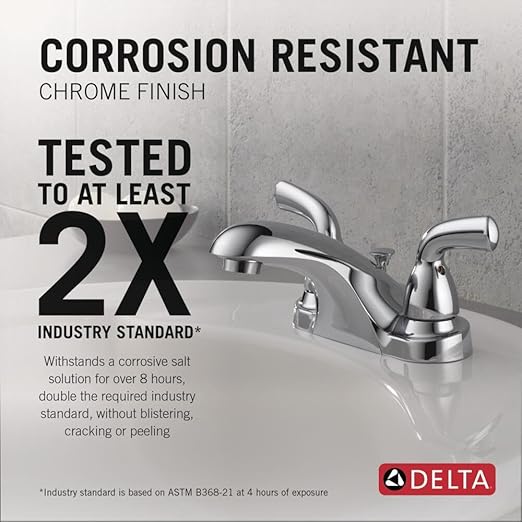 Delta Faucet Foundations Centerset Bathroom Faucet, Chrome 2-Handle Bathroom Faucet, Delta Bathroom Sink Faucet, Metal Push-Pop Drain Assembly, Chrome B2510LF