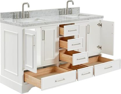 ARIEL Stafford 60-inch Bathroom Vanity with Sink,Solid Wood, 1.5-inch Italian Carrara Marble Countertop, Double Rectangular Porcelain Sink, 4 Soft Closing Doors, 6 Dovetail Drawers, White