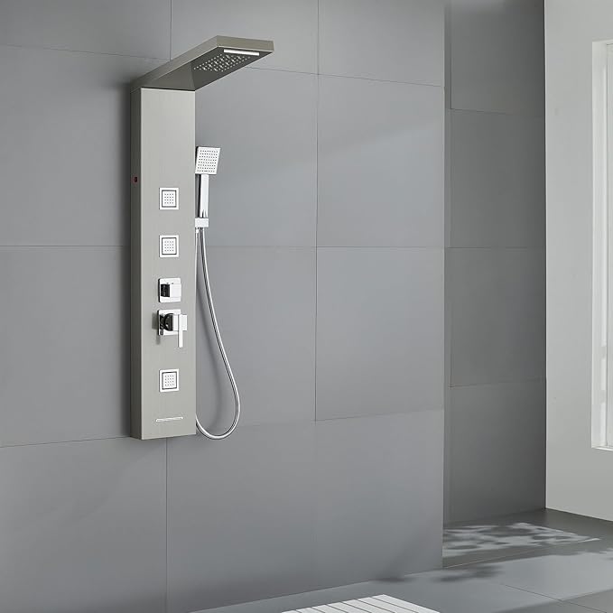 MENATT Shower Panel Tower System with LED Lights, 5 In 1 Shower Panel with Rainfall and Waterfall Shower Head, 3 pcs Massage Spray, Handheld Shower, Waterfall Tub Spout