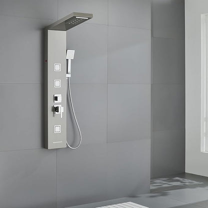 MENATT Shower Panel Tower System with LED Lights, 5 In 1 Shower Panel with Rainfall and Waterfall Shower Head, 3 pcs Massage Spray, Handheld Shower, Waterfall Tub Spout