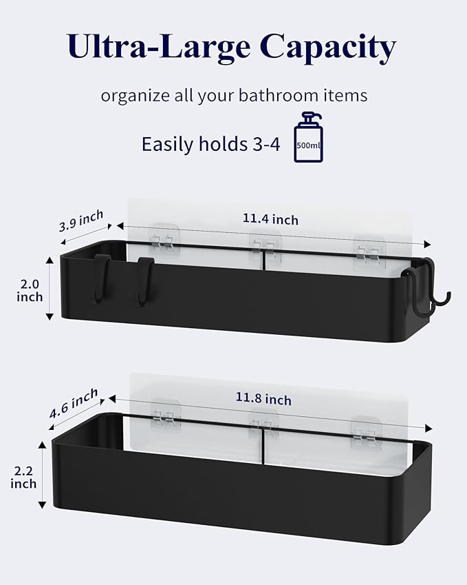 Kitsure Shower Caddy Adhesive, Stylish Shower Organizer, Large, Black | 2 Pack Shower Shelf for Inside Shower, 100% Rustproof Metal Shelves, No-Drill Bathroom Organizers and Storage
