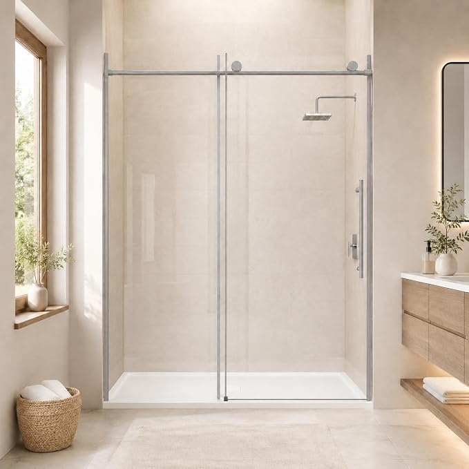 60" W x 73" H Single Sliding Glass Shower Door, Chrome Finish | Frameless Water Repellent Bypasss Walk-in Bathroom Door, 5/16" (8mm) SGCC Tempered with Explosion-Proof Film, Nano Coating