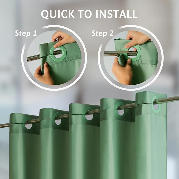 Furlinic No Hook Fabric Shower Curtain,Small Stall Shower Curtain Liner,Bathroom Curtains with 6 Plastic Split Grommets,Waterproof & Machine Washable,Grey Green,Half Narrow 48x72 Inch.