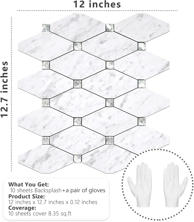 STICKGOO 10 Sheets Peel and Stick Backsplash, Carrara White | Stick on Mosaic Tiles for Kitchen Wall Decor, Long-Lasting, PVC Mixed Glass, Ideal for Vanities, Bathrooms