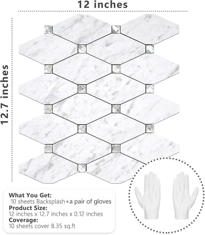 STICKGOO 10 Sheets Peel and Stick Backsplash, Carrara White | Stick on Mosaic Tiles for Kitchen Wall Decor, Long-Lasting, PVC Mixed Glass, Ideal for Vanities, Bathrooms