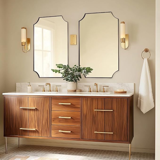 Brushed Bronze Bathroom Mirror, 24x36 Inch Scalloped Mirror for Bathroom, Antique Bronze Rectangular Mirror with Premium Stainless Steel Metal Frame, Thin Frame Deep 1"