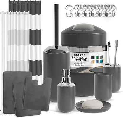 Clara Clark Bathroom Set - Gray Bathroom Accessories Set, Bathroom Sets with Shower Curtain and Rugs, 23PC Shower Curtain Set with Liner, Soap Dispenser, Soap Dish, Toilet Brush Holder, and Trash Can