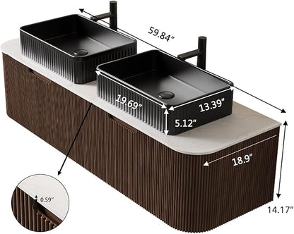 Yayzy 60" Floating Bathroom Vanity with Sink, Solid Wood Fluted Cabinet, Black Fluted Square Ceramic Basin & Faux Marble Top, Soft-Close Drawer, Pre-Assembled, Walnut Woodgrain