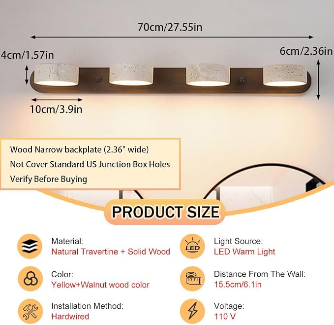 Yellow Travertine Vanity Light, 27.6" Wabi Sabi Modern Wooden Bathroom Light 360° Rotatable Natural Stone Lampshade Wall Lighting Fixture Over Mirror for Bathroom Farmhouse Home Decor (4 Lights)
