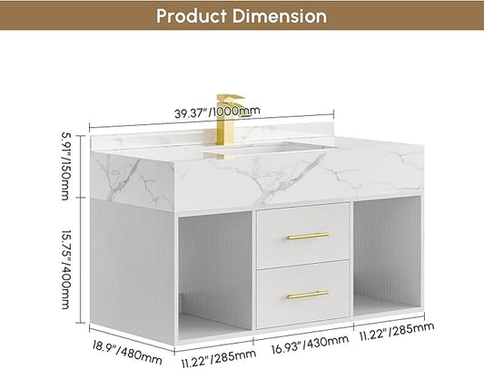 Bathroom Vanity with Sink, 39.3" Floating Bathroom Vanity Set Modern Wall-Mounted Cabinet with Sintered Stone Countertop, Undermount Sink & White Finish, Easy to Clean
