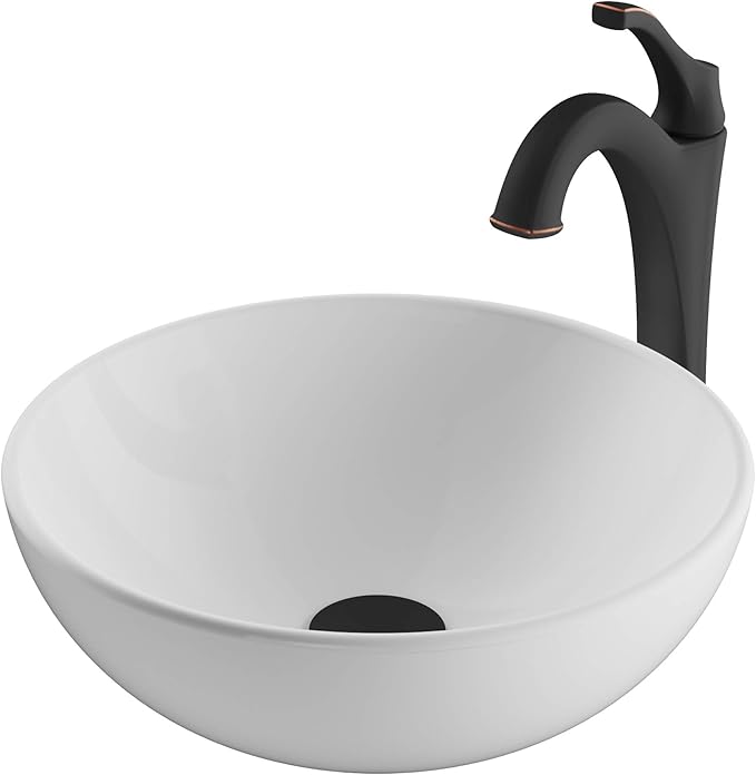 KRAUS Elavo 14-inch Round White Porcelain Ceramic Bathroom Vessel Sink and Arlo Faucet Combo Set with Pop-Up Drain, Oil Rubbed Bronze C-KCV-341-1200ORB