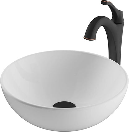 KRAUS Elavo 14-inch Round White Porcelain Ceramic Bathroom Vessel Sink and Arlo Faucet Combo Set with Pop-Up Drain, Oil Rubbed Bronze C-KCV-341-1200ORB