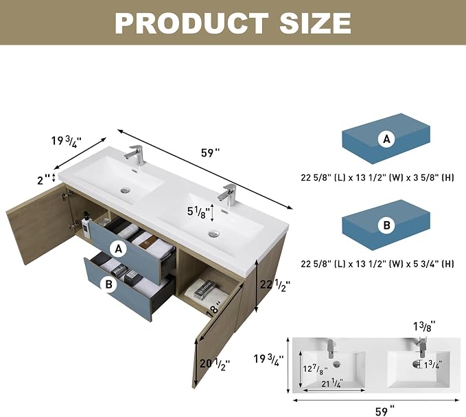 Pre-Assembled 60" Floating Bathroom Vanity with 2 Sinks, Natural Oak | Wall-Mounted Bathroom Vanity with Solid Surface Top Basin, 2 Soft Close Drawers and 2 Doors, Easy to Install & Clean