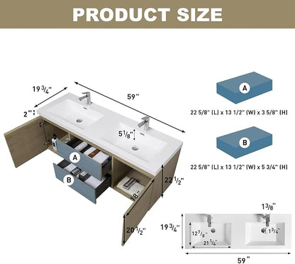 Pre-Assembled 60" Floating Bathroom Vanity with 2 Sinks, Natural Oak | Wall-Mounted Bathroom Vanity with Solid Surface Top Basin, 2 Soft Close Drawers and 2 Doors, Easy to Install & Clean