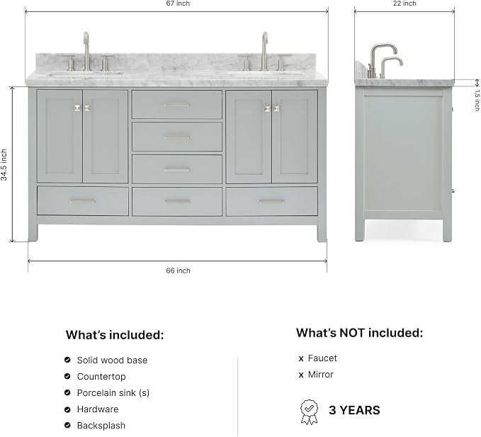 Beckford 66" Grey Double Bathroom Vanity with Sink, 1.5" Edge Italian Carrara Marble Countertop, 2 Rectangular Undermount Sinks, 4 Soft Closing Doors, 6 Dovetail Drawers, Brushed Nickel