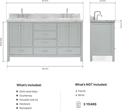 Beckford 66" Grey Double Bathroom Vanity with Sink, 1.5" Edge Italian Carrara Marble Countertop, 2 Rectangular Undermount Sinks, 4 Soft Closing Doors, 6 Dovetail Drawers, Brushed Nickel