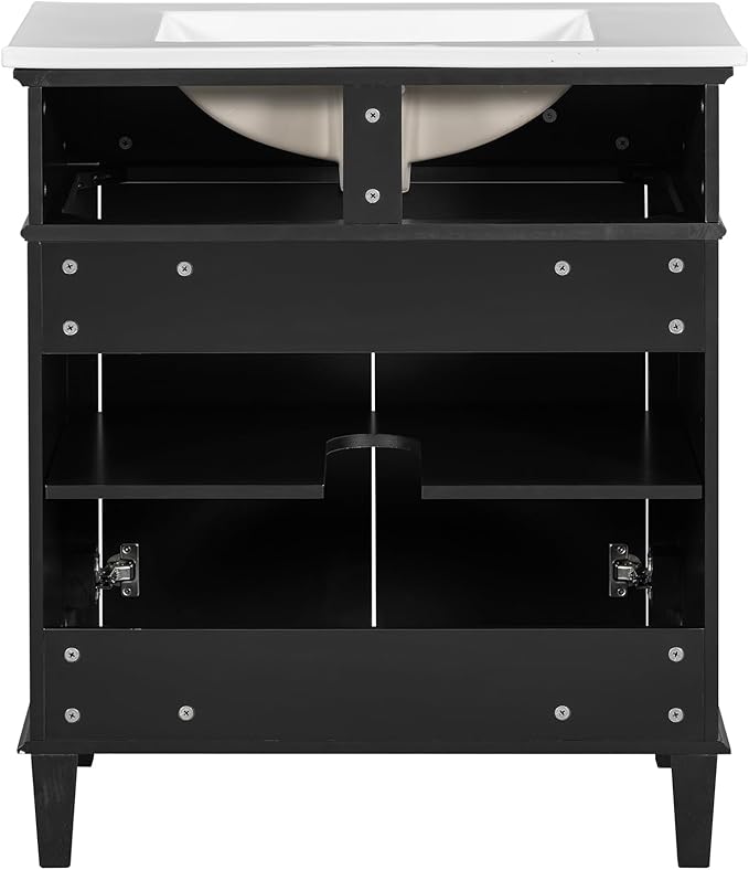 Favfurish 30" Bathroom Vanity with Ceramic Sink,Undermount Single Basin Bath Vanity Set w/2 Soft-Close Doors and Adjustable Shelf,Modern Freestanding Storage Cabinet,Solid Wood Frame,Black