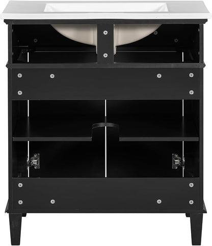 Favfurish 30" Bathroom Vanity with Ceramic Sink,Undermount Single Basin Bath Vanity Set w/2 Soft-Close Doors and Adjustable Shelf,Modern Freestanding Storage Cabinet,Solid Wood Frame,Black