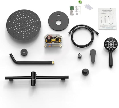 SR SUN RISE 12 Inch Slide Bar Shower System, Round Shower Faucets Sets Complete Rain Shower head and 6-Spray Handheld Combo, Wall Mounted Dual Shower Faucet Included Valve and Trim Kit, Matte Black