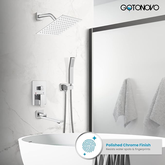 gotonovo Tub Shower Faucet Set with Valve Kit 8’’ Head,Polished Chrome | Shower System with Tub Spout,SUS304 Rain Head with Handheld Sprayer,Swivel Spout,All Metal,Rough-In Valve Trim Kit,Wall Mount