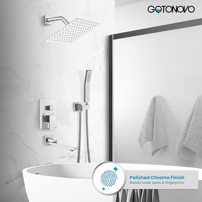 gotonovo Tub Shower Faucet Set with Valve Kit 8’’ Head,Polished Chrome | Shower System with Tub Spout,SUS304 Rain Head with Handheld Sprayer,Swivel Spout,All Metal,Rough-In Valve Trim Kit,Wall Mount
