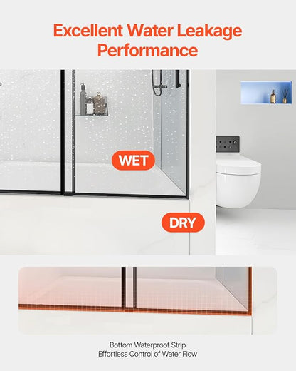 VEVOR Frameless Sliding Bathtub Door, 56-60" W x 60" H, Frameless Shower Glass Door, Frameless Double Sliding Tub Door with 5/16 in Clear Tempered Glass and Stainless Steel Handle, Black