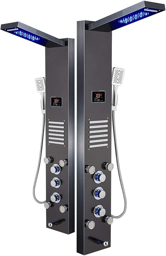 ELLO&ALLO LED Shower Panel Tower System, Hydroelectricity Display Rain Massage with Jets, Brushed Black