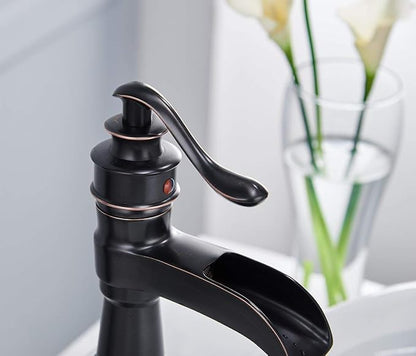 Single-Handle Bathroom Faucet Oil Rubbed Bronze Deck Mounted | Wide Waterfall Spout,Pop Up Drain and Supply Lines Included, Ideal forBathroom Sink 1-3 Hole, Fingerprint Repellent Coating