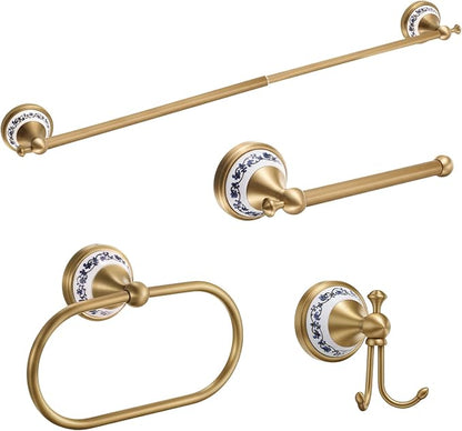 4 Pcs Antique Brass Gold & Porcelain Bathroom Accessories Set, Wall-Mounted Towel Rack & Towel Ring & Toilet Paper Holder & Robe Hook, Vintage Chinese Style Brass Bath Hardware Fixture Set