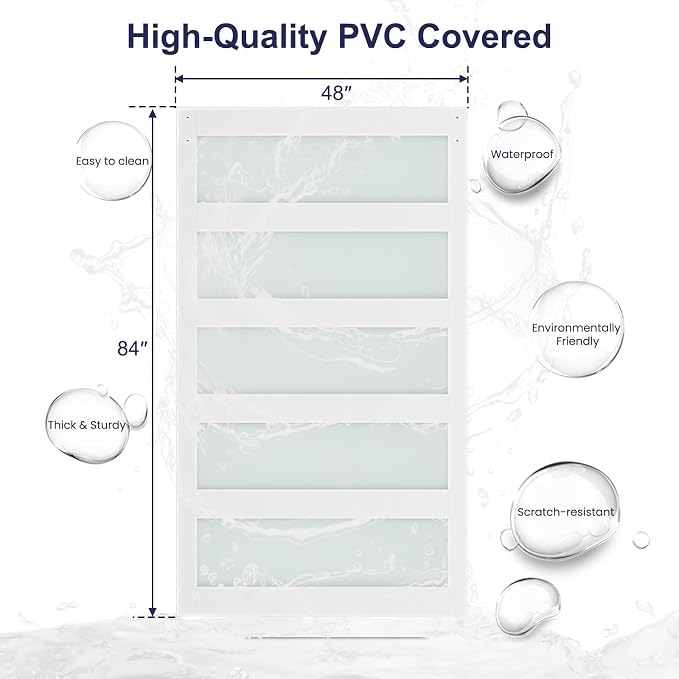 SMARTSTANDARD 48 x 84 in Glass Barn Door with 8FT Silver Sliding Hardware | Brushed Nickel Sliding Hardware Kit & Handle, Pre-Drilled Ready to Assemble, Waterproof PVC Coating, White, 5-Panel Glass