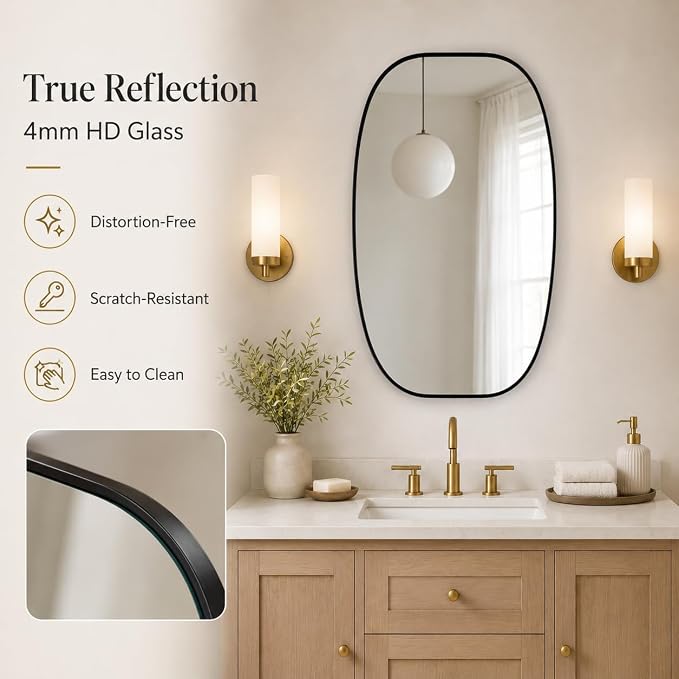 Black Oval Bathroom Mirrors 30x48 Inch | Oblong Vanity Mirror, Crystal-Clear HD Glass, Rust-Proof Aluminum Frame, Elegant Inner-Curved Edge, Modern Contemporary Style