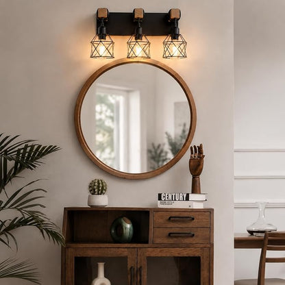 Farmhouse Vanity Light Fixture,3-Light Bathroom Lighting,Black Industrial Wood Wall Light Over Mirror with Metal Shade,Bulbs NOT Included