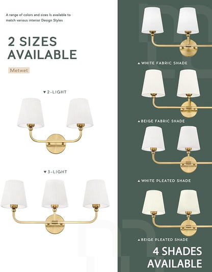 2-Light Brushed Gold Bathroom Vanity Light, Pleated Fabric Shade | 17" 2-light gold double wall sconce with white pleated fabric shades, E26 bulbs, hardwired, upward only, VL837-BG-Z-2