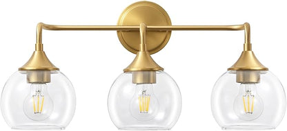 Gold Bathroom Light Fixtures 3 Light Bathroom Vanity Light with Clear Glass Shade, 22 inch Vanity Lighting Fixtures Over Mirror, Vanity Lights Fixture (Exclude E26 Bulb)