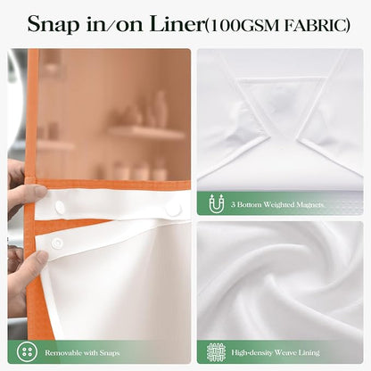 Burnt Orange Hook Free Waffle Shower Curtain & Snap-in Liner,72x75 | Less Time to install, 3 in 1 Fabric Shower Curtain and Liner Set with Magnets, Mesh Top Window, Shower Curtains for Bathroom