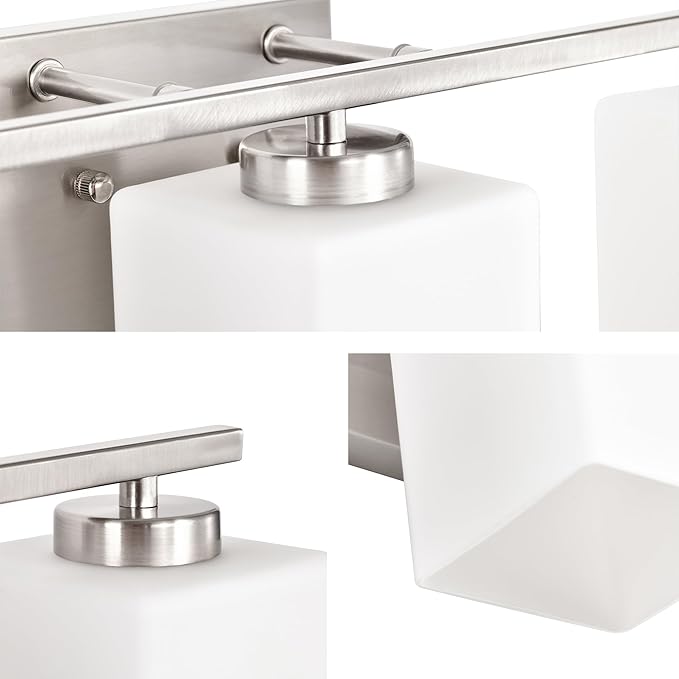 Edvivi Bathroom Light Fixtures, 3-Light Modern Brushed Nickel Vanity Light Over Mirror, Wall Sconces with Square White Glass Shades for Living Room, Bedroom, Hallway, E26 Base