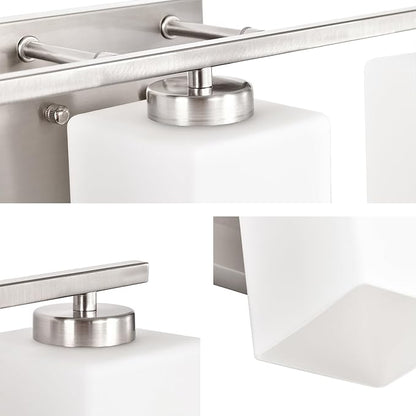 Edvivi Bathroom Light Fixtures, 3-Light Modern Brushed Nickel Vanity Light Over Mirror, Wall Sconces with Square White Glass Shades for Living Room, Bedroom, Hallway, E26 Base