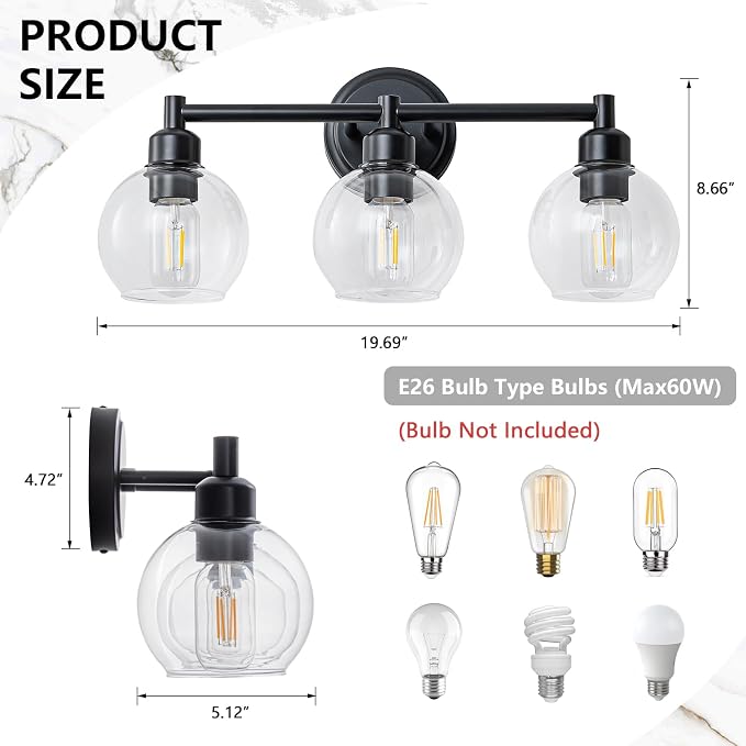 Modern Black Bathroom Vanity Lights,3-Light Matte Black Bathroom Light Fixture with Clear Glass Globe Shades, Adjustable Brightness Vanity Lighting fixtures for Kitchen,Bedroom,Hallway