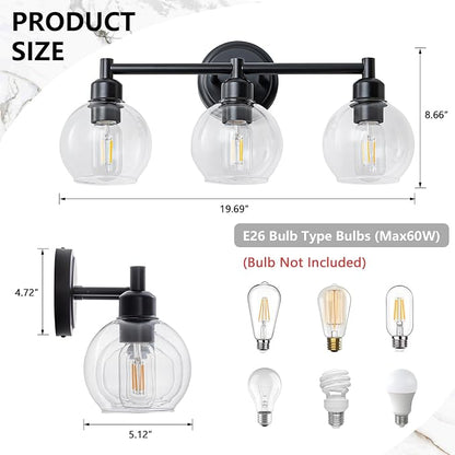 Modern Black Bathroom Vanity Lights,3-Light Matte Black Bathroom Light Fixture with Clear Glass Globe Shades, Adjustable Brightness Vanity Lighting fixtures for Kitchen,Bedroom,Hallway