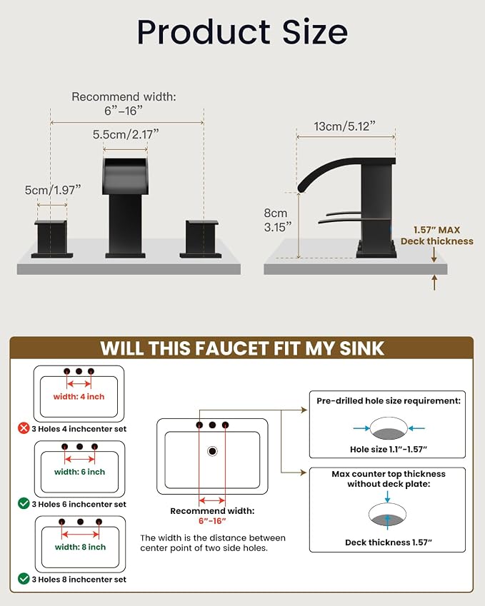 gotonovo Waterfall Bathroom Faucet 3 Hole Square Body,Oil Rubbed Bronze | SUS304 8’’ Widespread Bathroom Sink Faucet,2.17’’ Wide Spout,24’’ cUPC Hose,Pop Up Drain,2 Handle,Vanity,Lavatory,Basin,RV