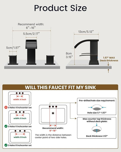 gotonovo Waterfall Bathroom Faucet 3 Hole Square Body,Oil Rubbed Bronze | SUS304 8’’ Widespread Bathroom Sink Faucet,2.17’’ Wide Spout,24’’ cUPC Hose,Pop Up Drain,2 Handle,Vanity,Lavatory,Basin,RV