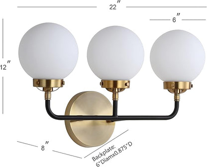 JONATHAN Y 22" Brass Gold/Black/White 3-Light LED Wall Sconce Vanity Lighting, Clear Glass Globe Shade Modern Contemporary Sconce for Bathroom Mirror, Hallway, UL Listed (JYL9058B)