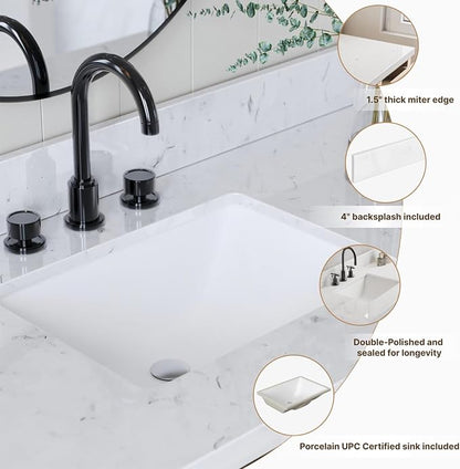 Isabella 66-Inch Brown Oak Double Bathroom Vanity with Sink, 1.5-Inch Edge Carrara White Quartz Countertop & 4" Backsplash, Soft-Closing Doors & Drawers, Solid Oak Wood Construction